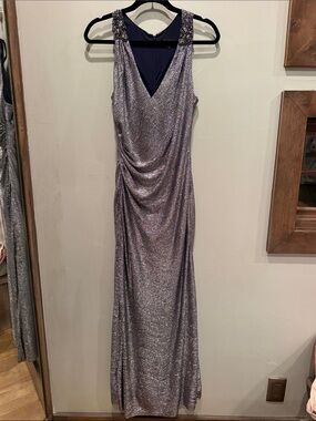 David Meister Silver Metallic Beaded-Shoulder Maxi Gown